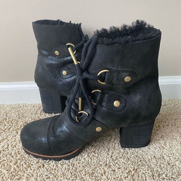 Sorel Addington Chelsea Lace Up Boots Black Leather Lux Holiday Shearling 8.5 - Picture 5 of 6